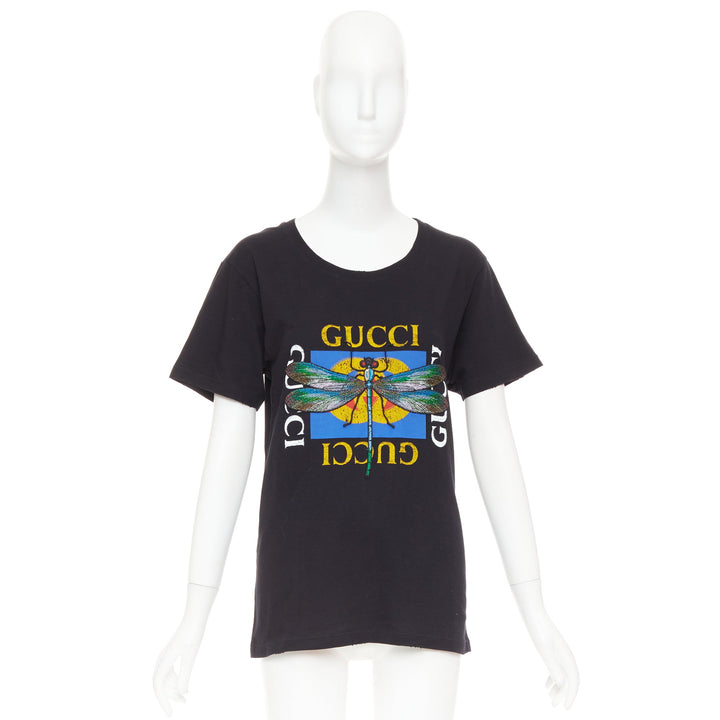 GUCCI 2018 black cotton vintage logo embroidered dragonfly jersey tshirt XS