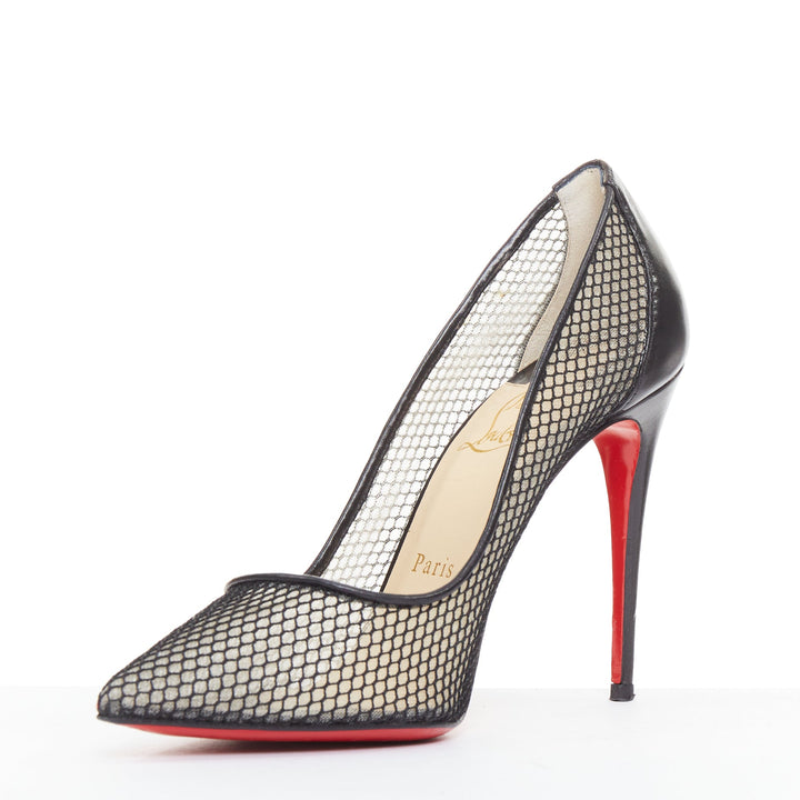 CHRISTIAN LOUBOUTIN Follies Resille 100 Fishnet Pailette black mesh pumps EU37.5