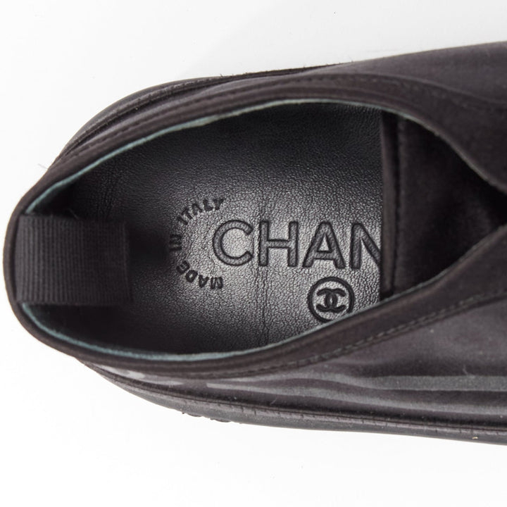 CHANEL black satin CC logo silver pearl grommet laced low top sneaker EU38
