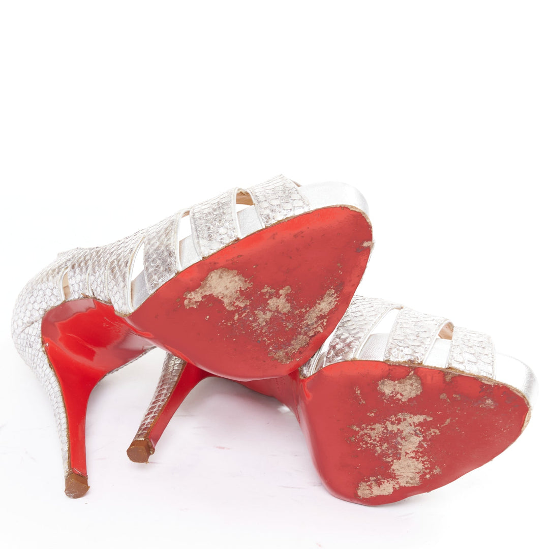 CHRISTIAN LOUBOUTIN Fontanete silver scaled leather cut out platforms EU37.5