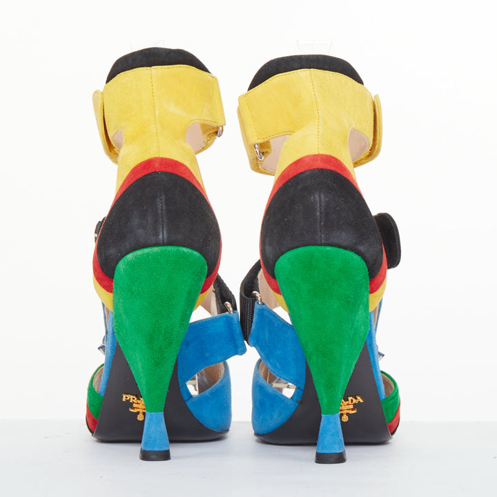 rare PRADA 2014 Runway asymmetric jewel colorblock suede heel sandals EU38 US8