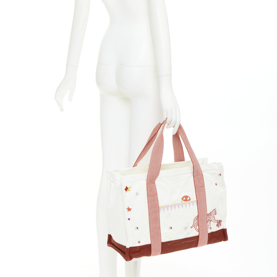 HERMES Circus Nappy Bag red white embroidered cotton canvas tote bag towel set