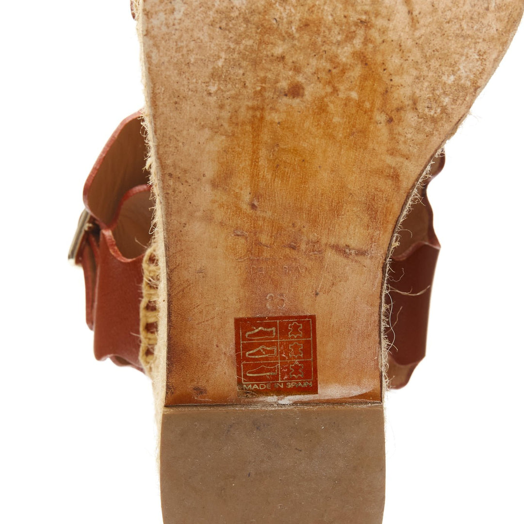 CHLOE dark brown scalloped edge gold buckle jute espadrille platform sandal EU36
