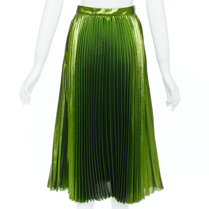 GUCCI 2016 Runway green metallic lame plisse silk blend pleated skirt IT36 XXS