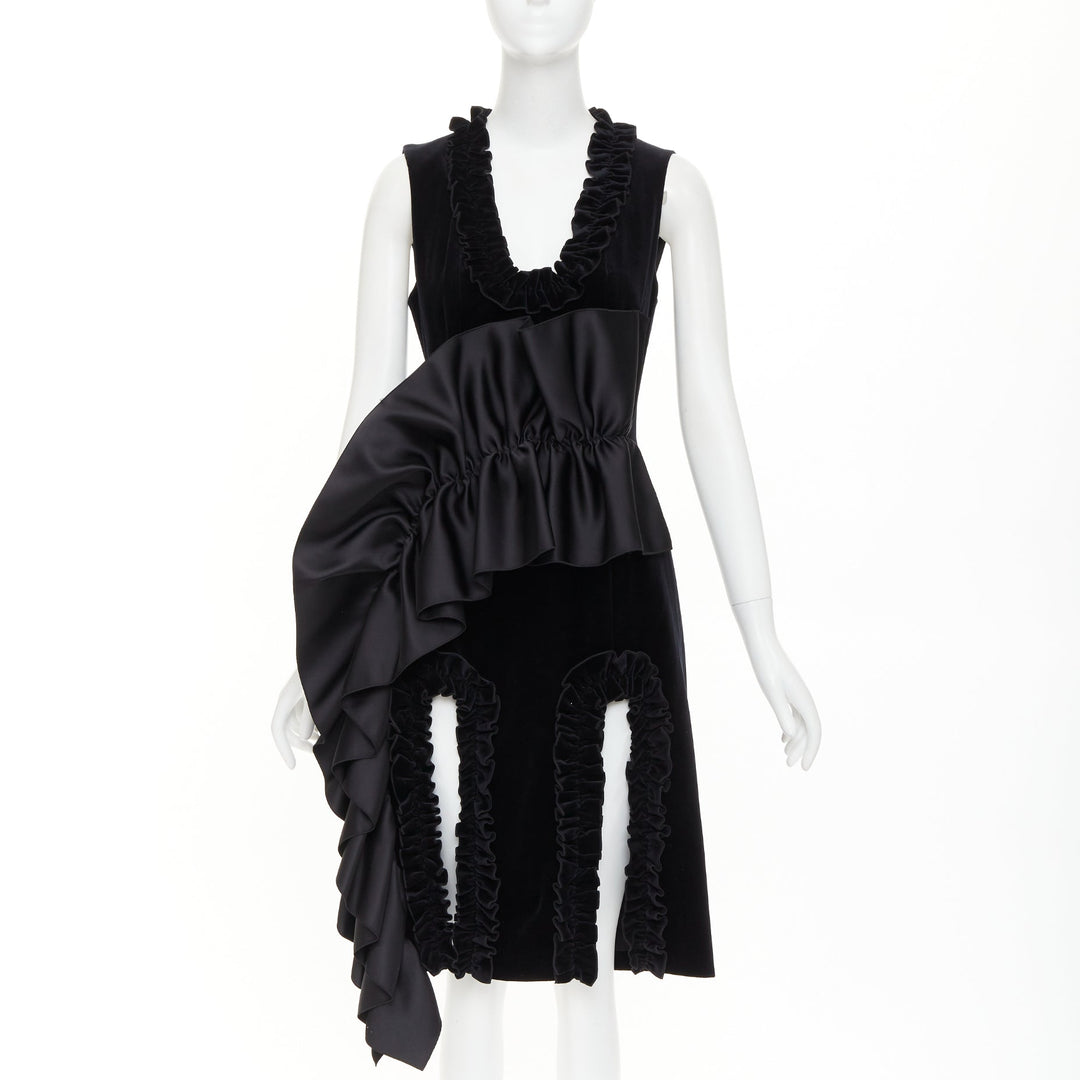 CHRISTOPHER KANE Runway black velvet satin paneled ruffled midi dress UK10 M