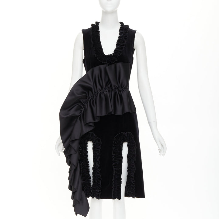 CHRISTOPHER KANE Runway black velvet satin paneled ruffled midi dress UK10 M