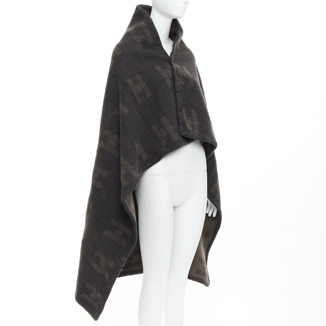 HERMES Vintage dark grey khaki H logo big square throw blanket