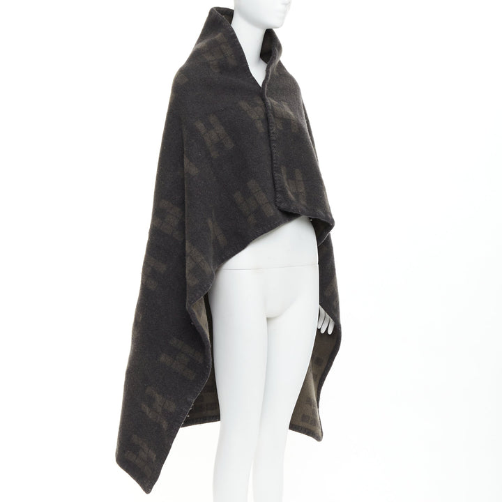 HERMES Vintage dark grey khaki H logo big square throw blanket