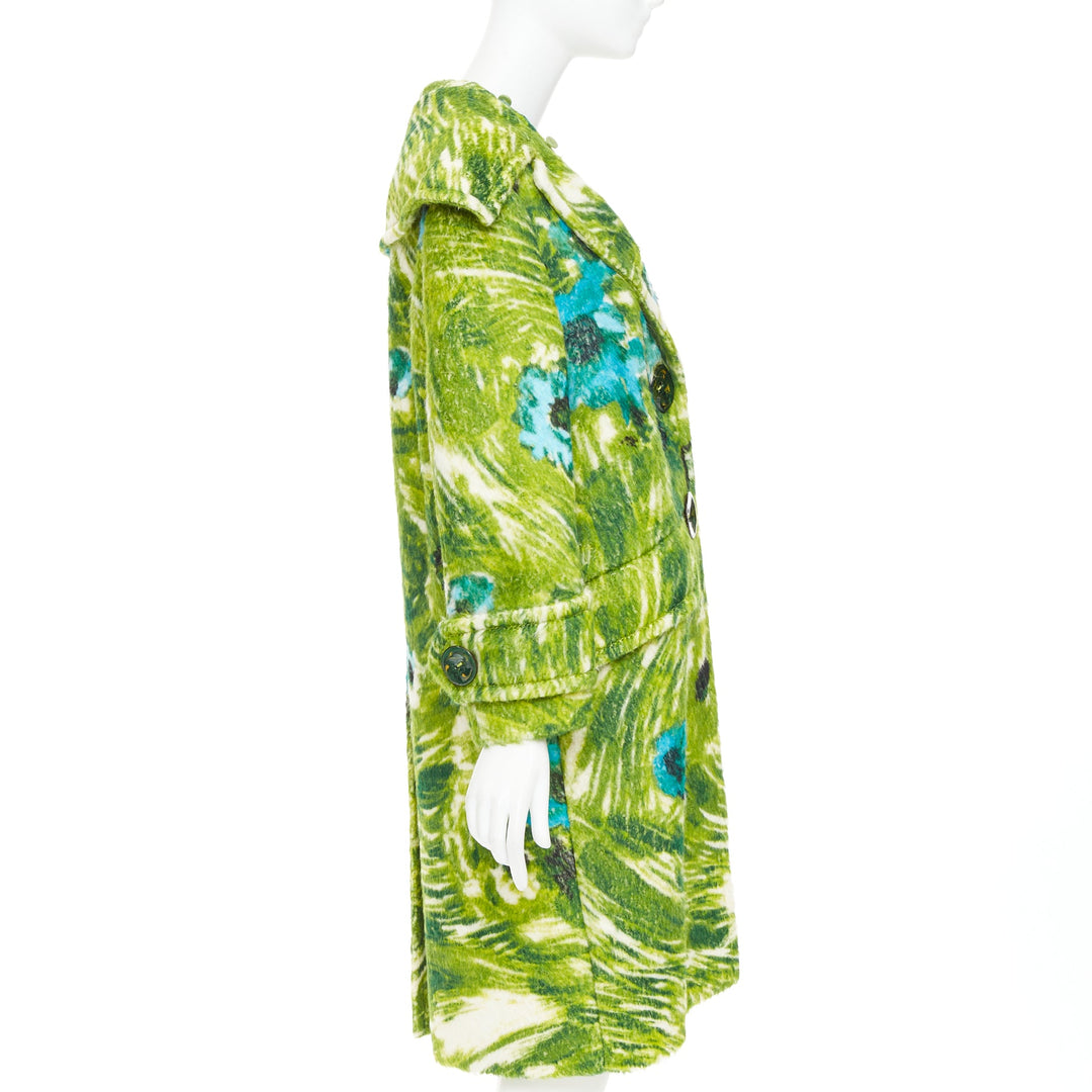 PRADA 2017 Runway alpaca wool felt green floral orange fur collar coat IT40 S