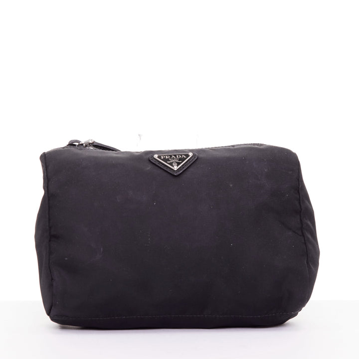 PRADA Tessuto triangle logo silver hardware classic black nylon cosmetic pouch