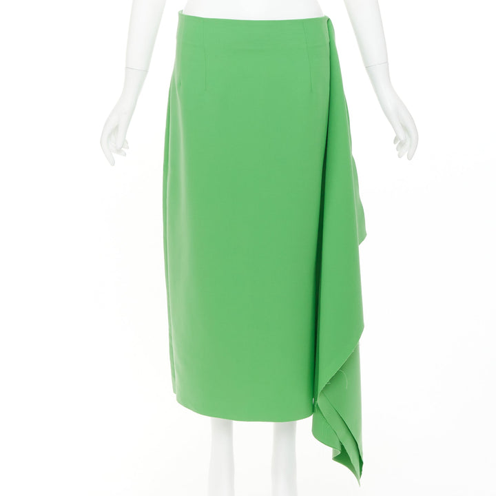 AWAKE MODE 2022 Kelly Green crepe raw edge asymmetric draped midi skirt FR40 L
