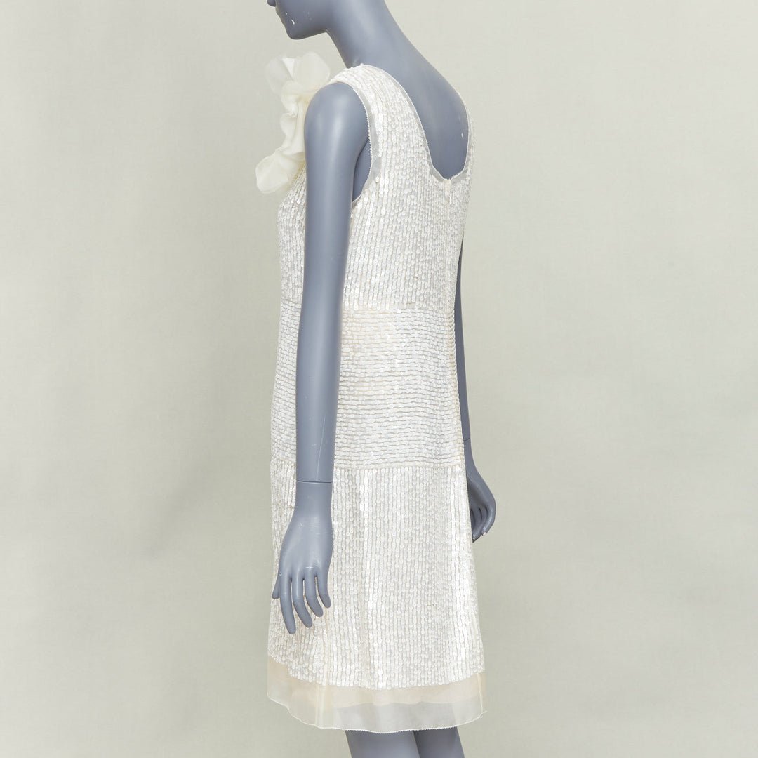 VERA WANG Bridal cream silk organza sequin floral brooch shift dress US4 M