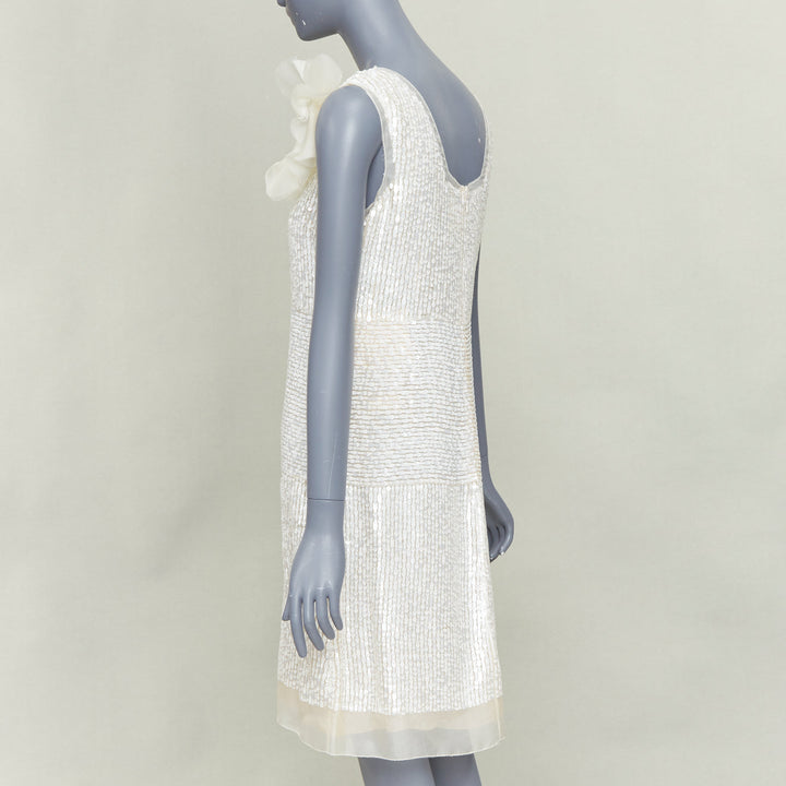 VERA WANG Bridal cream silk organza sequin floral brooch shift dress US4 M