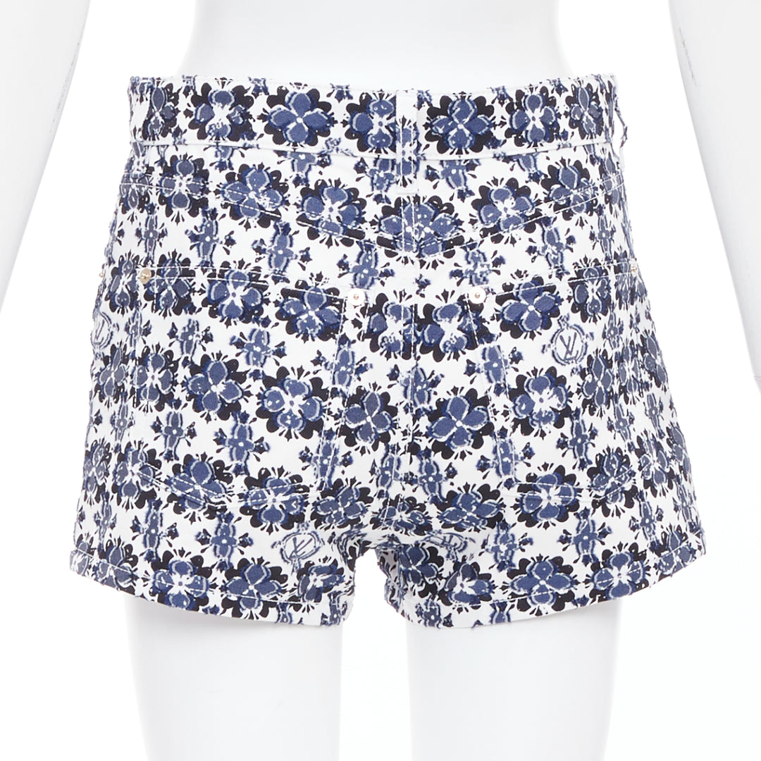 LOUIS VUITTON Flower Mosaic blue white logo floral print cotton shorts FR34 XS