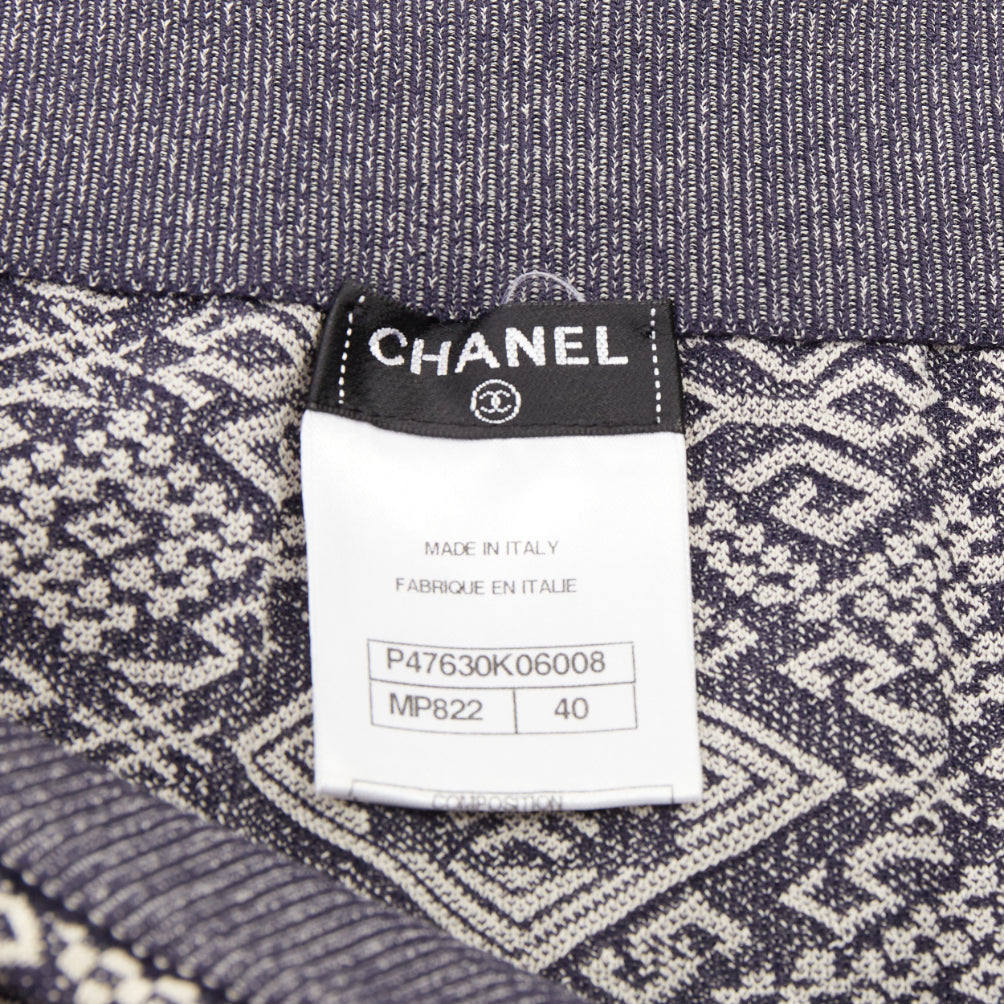 CHANEL 2014 blue cream CC geometric diamond jacquard frayed wrap skirt FR40 L