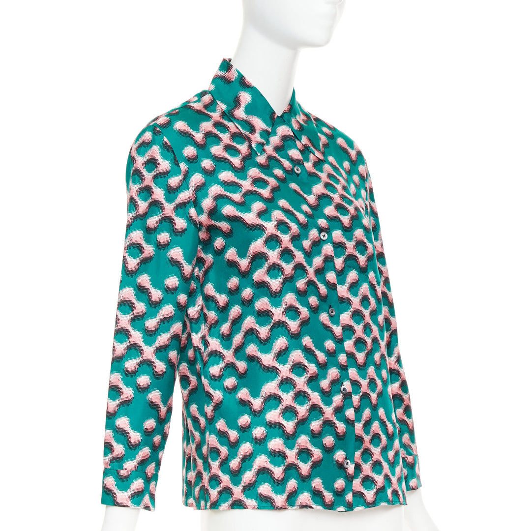PRADA  100% silk green pink geometric print long sleeve shirt IT38 XS