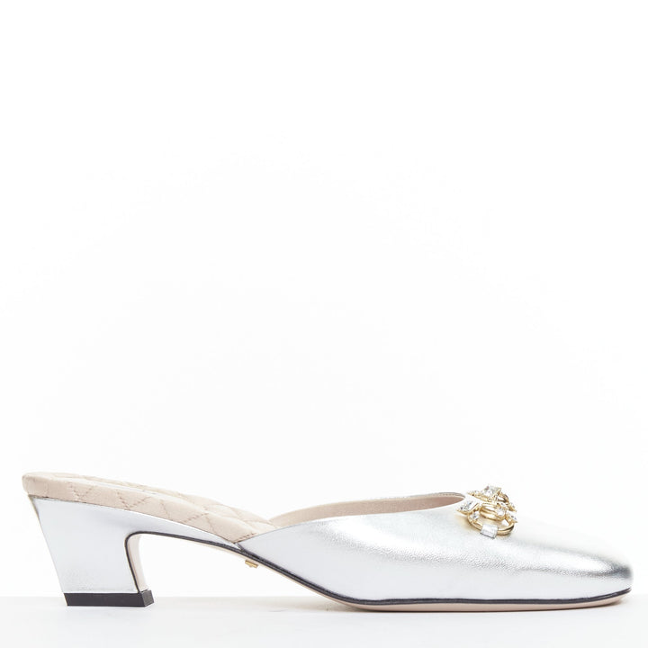 GUCCI silver metallic leather gold crystal horsebit buckle slipper heels EU37