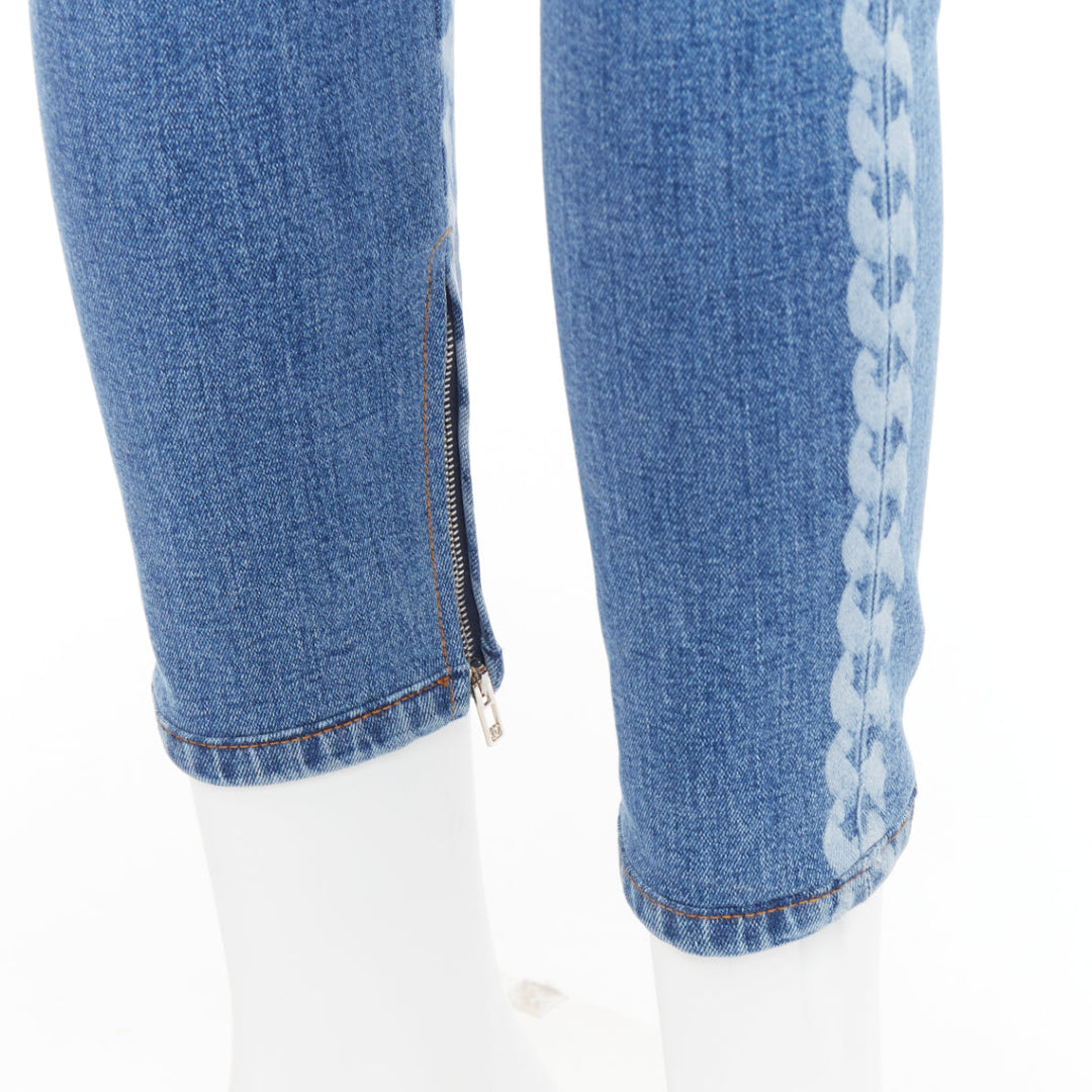CHANEL 2019 blue cotton chain print side skinny stretch denim crop jeans FR34 XS