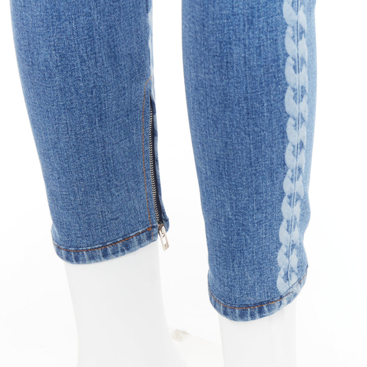 CHANEL 2019 blue cotton chain print side skinny stretch denim crop jeans FR34 XS