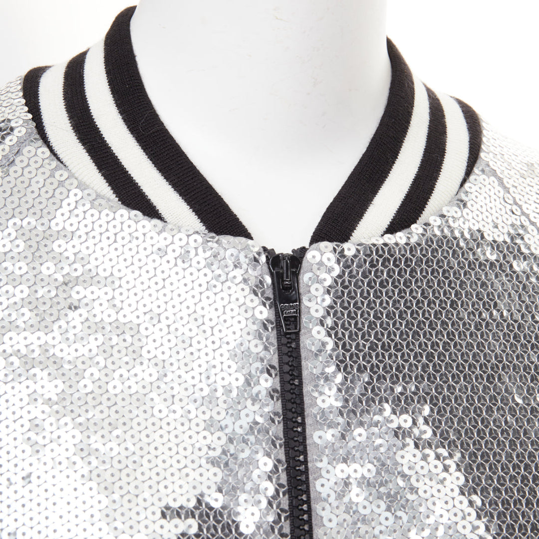 CELINE 2021 Runway silver sequin cotton black white logo teddy bomber jacket XS