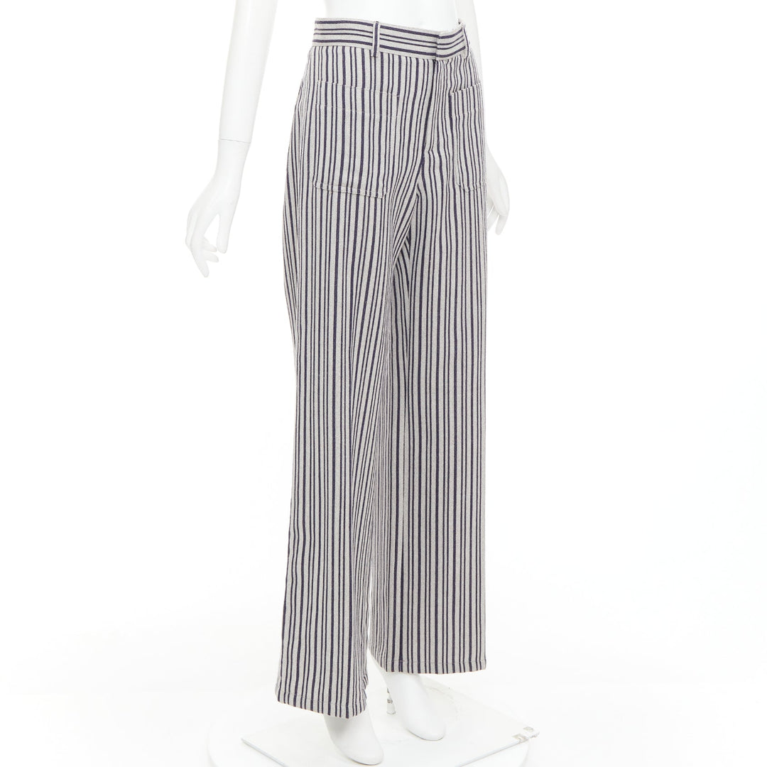 CHRISTIAN DIOR grey navy virgin wool high waisted striped wide leg pants FR36 S