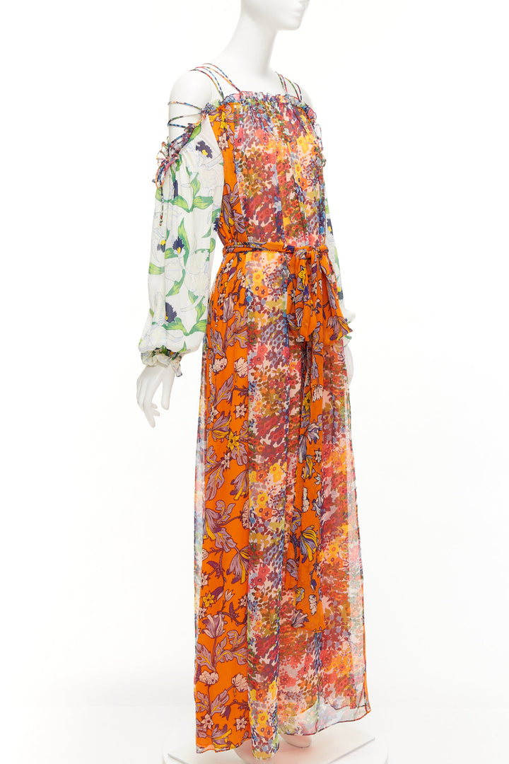 TORY BURCH Shasta orange green white floral silk cold shoulder maxi dress