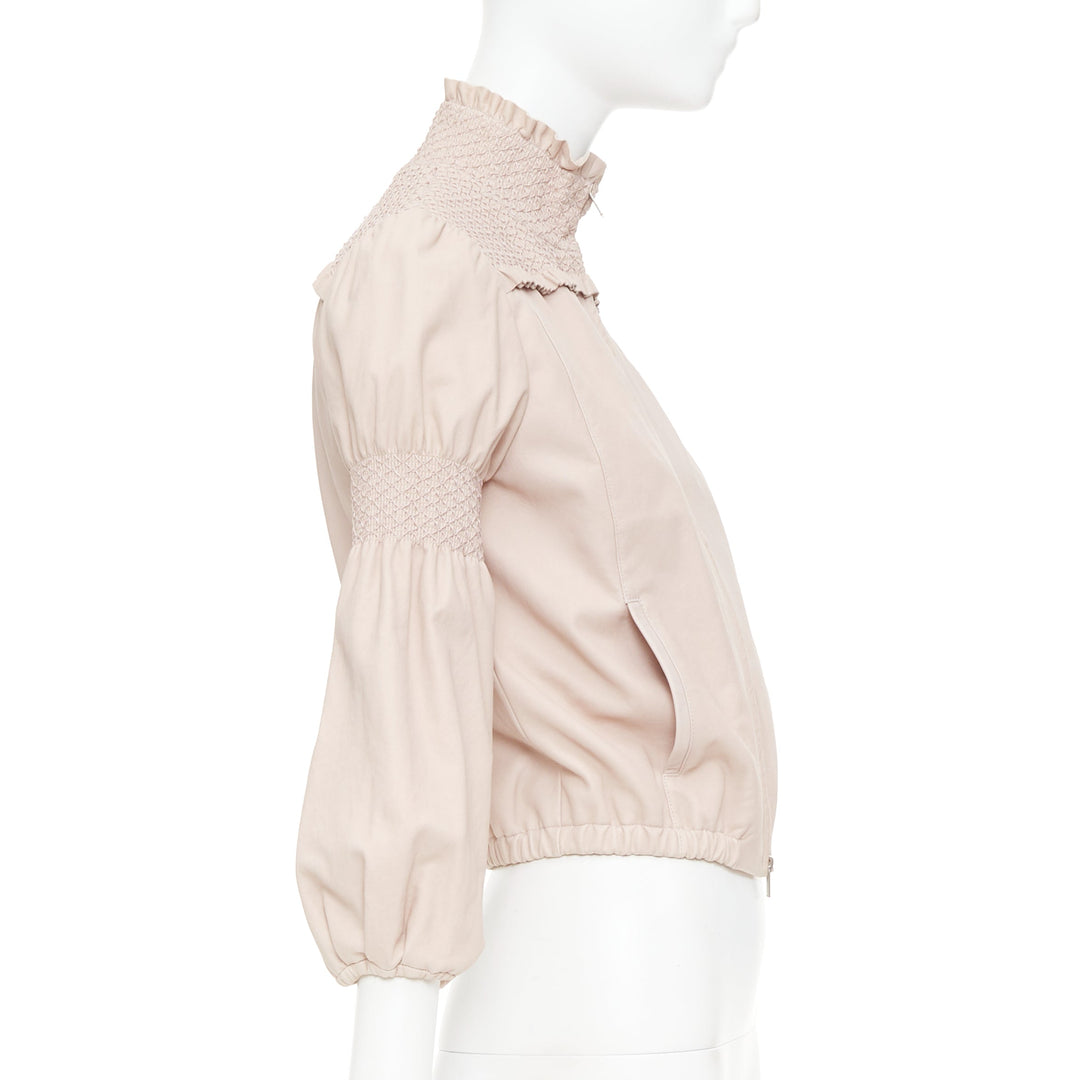 MIU MIU 2019 baby pink smocked lambskin leather ruffled puff crop jacket IT40 S