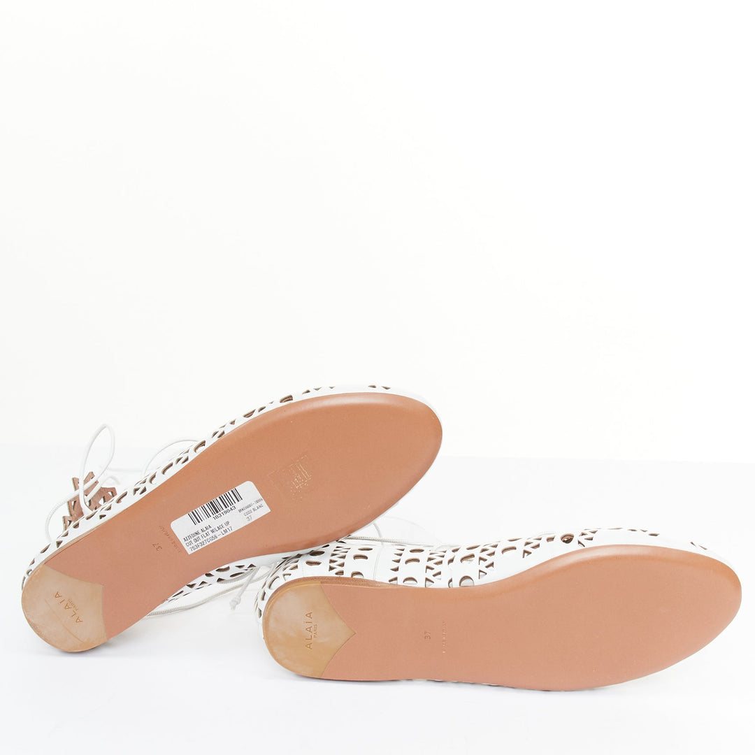 ALAIA Vienne white leather laser cut perforated lace up ballerina flats EU37