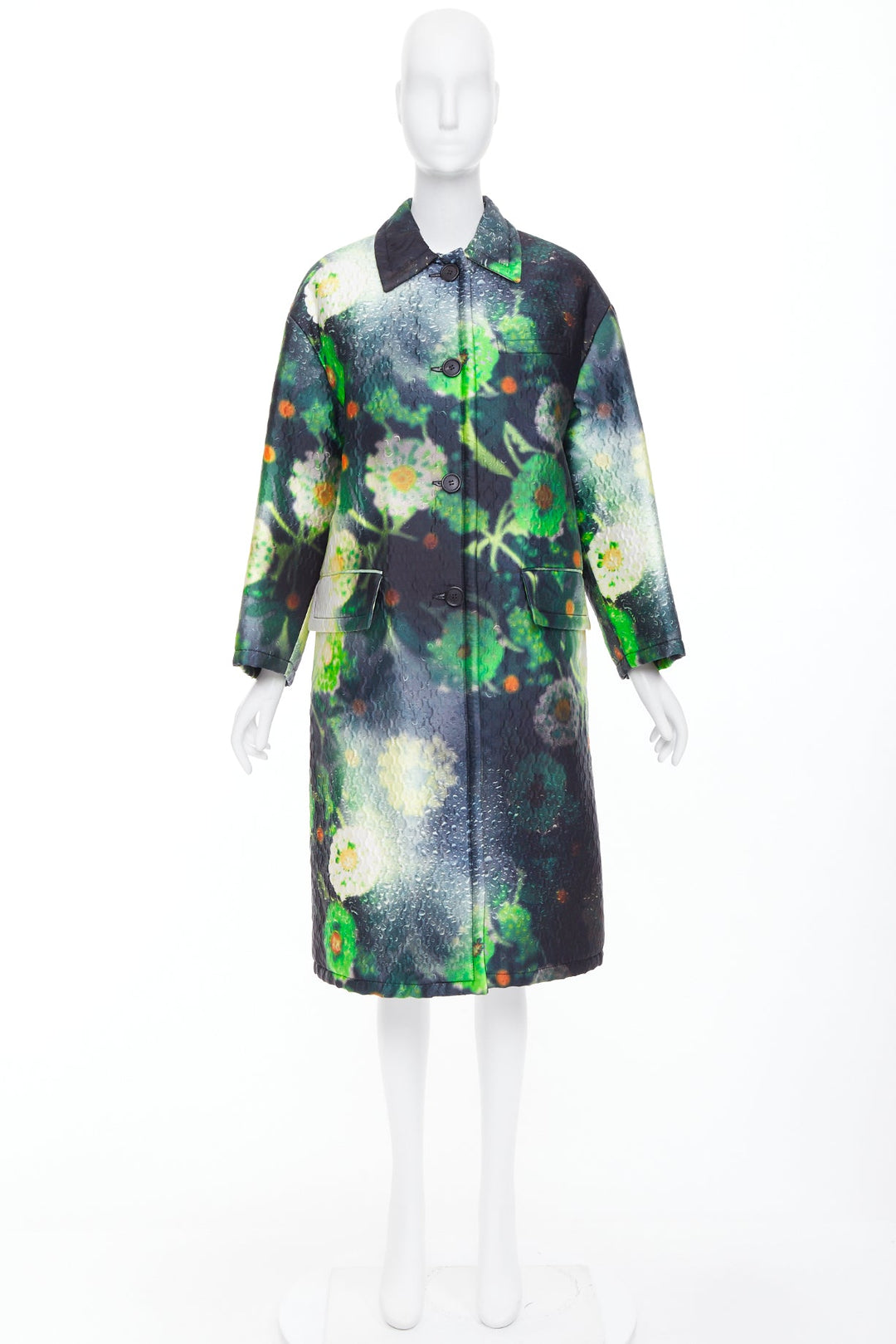 PRADA 2018 Runway green black flower raindrop print overcoat jacket IT38 XS