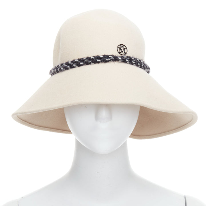 MAISON MICHEL beige rabbit felt braid trim M charm visor fedora hat M