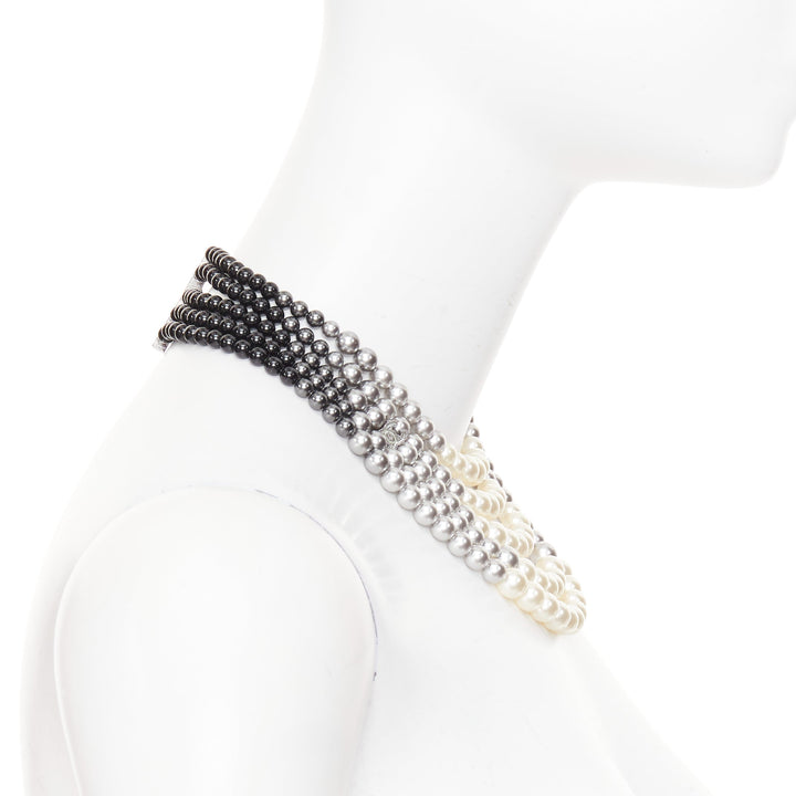 CHANEL 13B black white grey ombre CC multi-strand resin pearl collar necklace