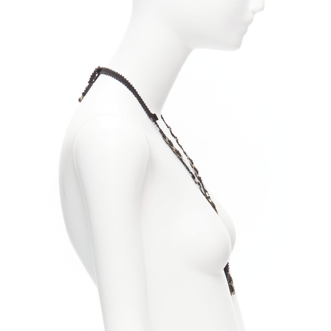 CHAMOREL black grosgrain ribbon clear crystal bronze rings long necklace