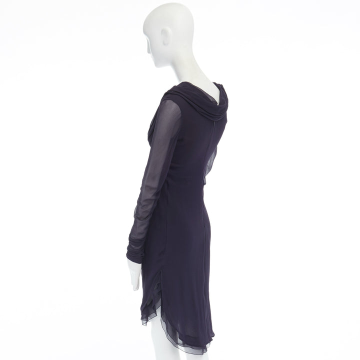 VALENTINO navy blue silk draped front waterfall tier hem sheer sleeve dress US2