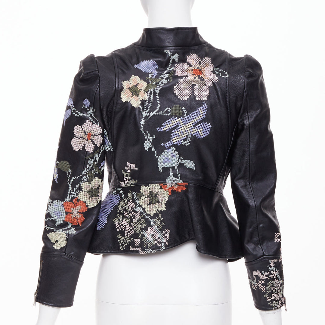 ALEXANDER MCQUEEN Cross Stitch Leather Moto floral peplum jacket IT40 S