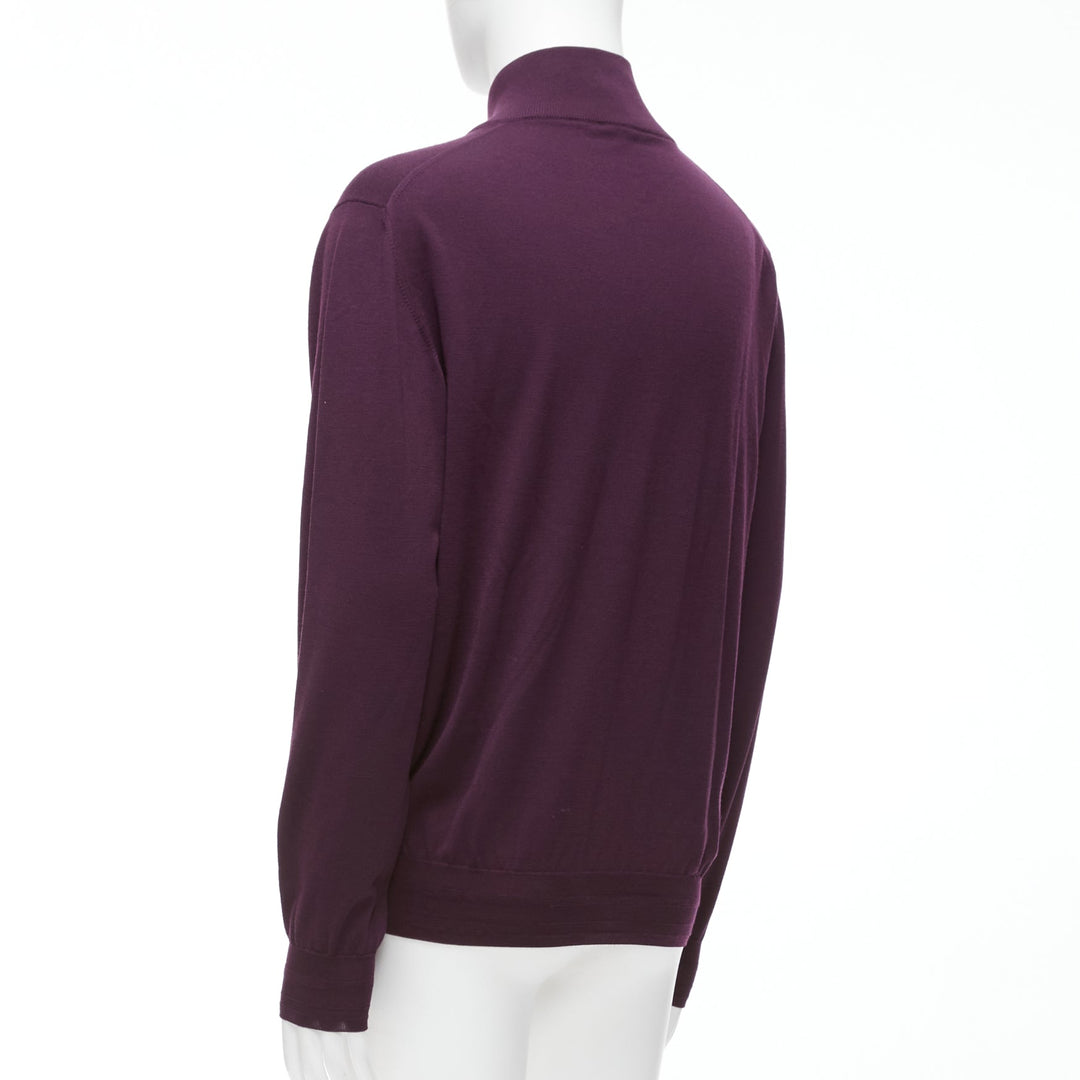 BRIONI 100% wool eggplant purple silk trimmed half zip long sleeve sweater