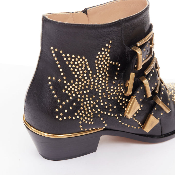 CHLOE Susanna black leather gold floral studded buckles grunge ankle boots EU36