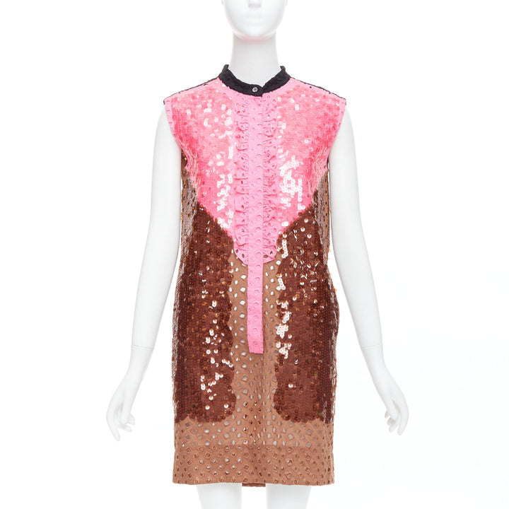 rare LOUIS VUITTON pink brown colorblock sequin embroidery anglais dress FR34 XS