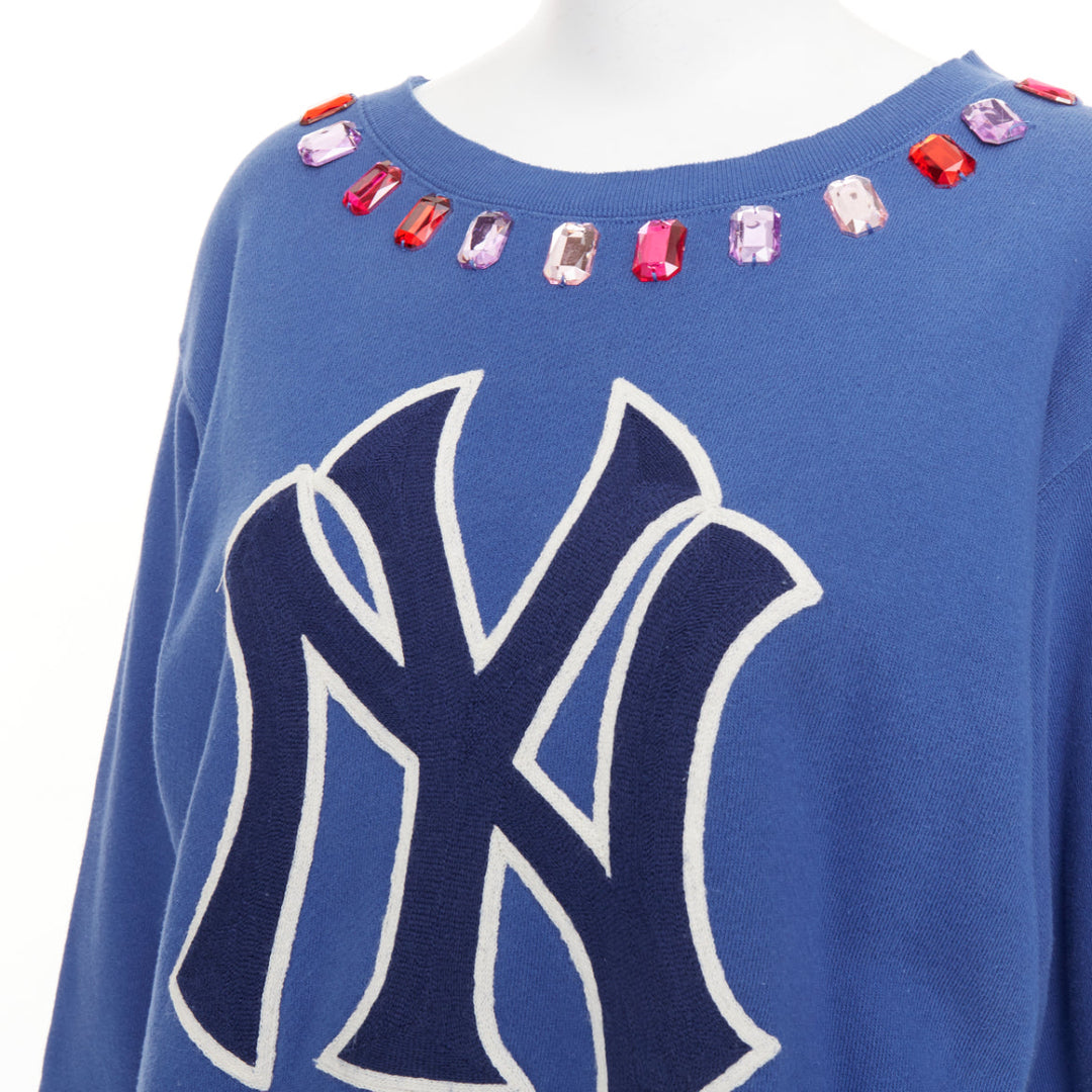 GUCCI 2018 MLB New York Yankees blue cotton jeweled bateau neck sweatshirt XS