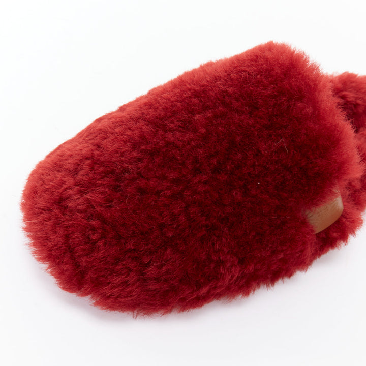 LOEWE red shearling brown anagram leather tag slipper mules EU37