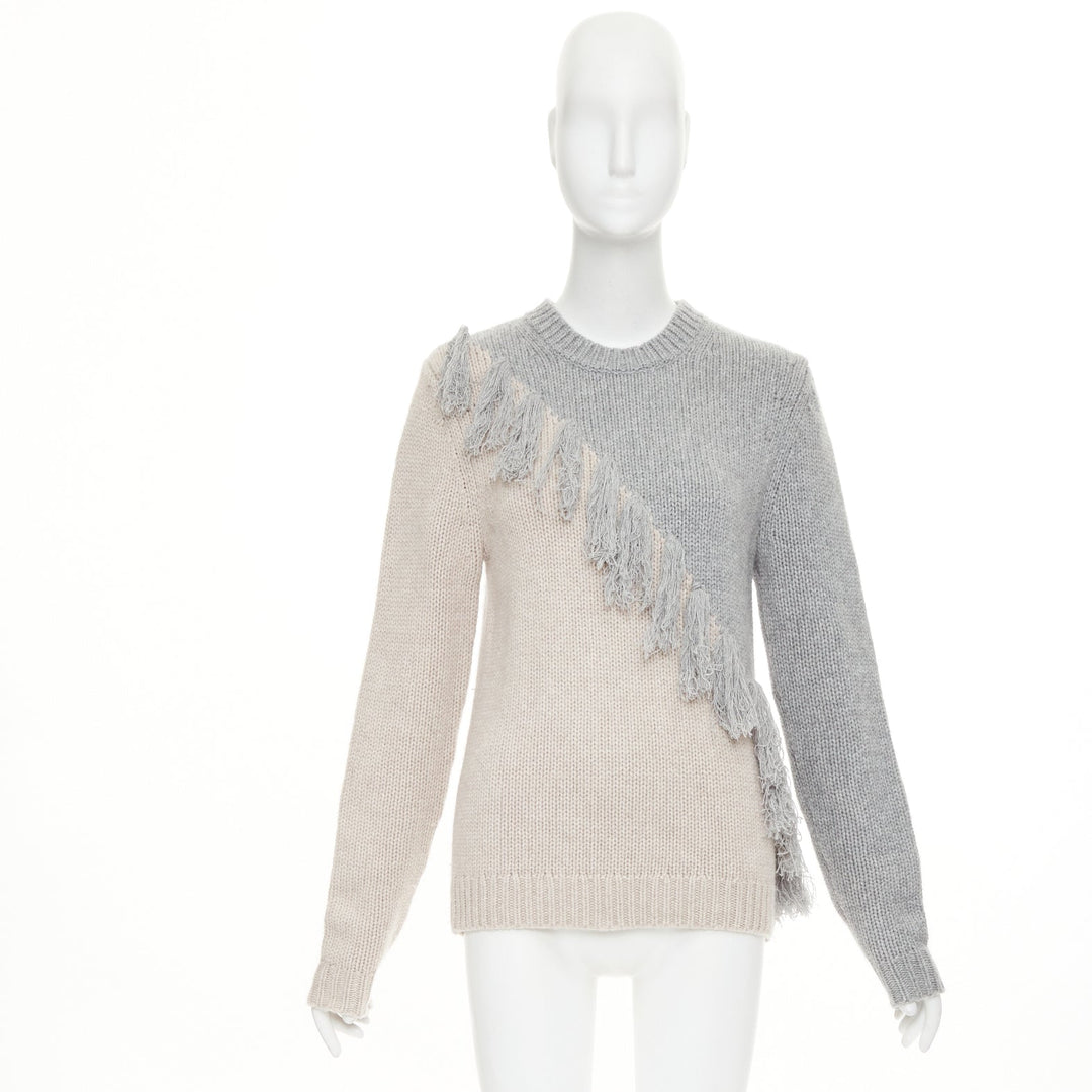 JW ANDERSON grey beige wool cashmere tassel trim asymmetric split  sweater XS