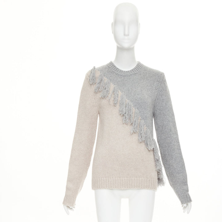 JW ANDERSON grey beige wool cashmere tassel trim asymmetric split  sweater XS