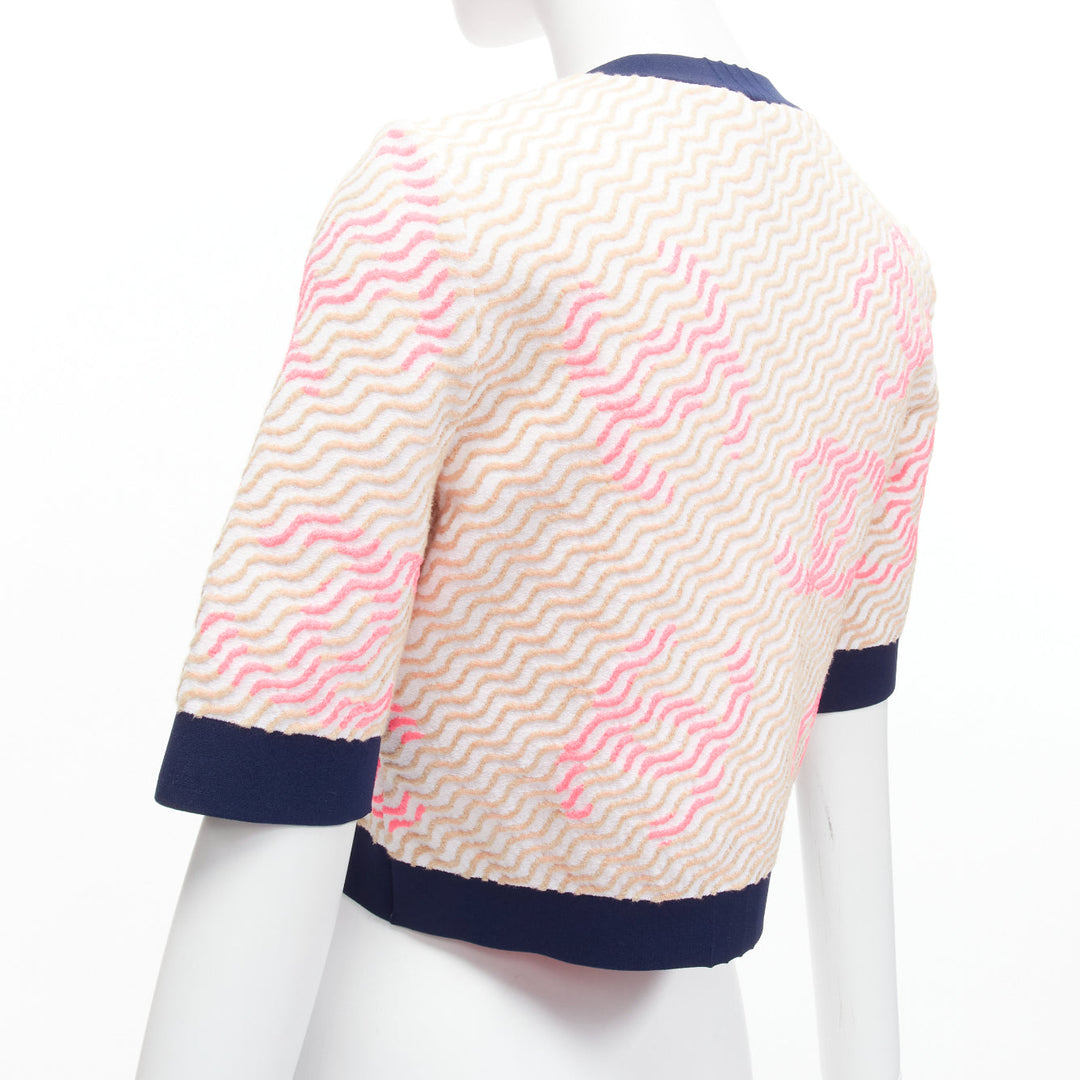 rare CHANEL pink applique logo twirl seashell button cropped cardigan FR38 M