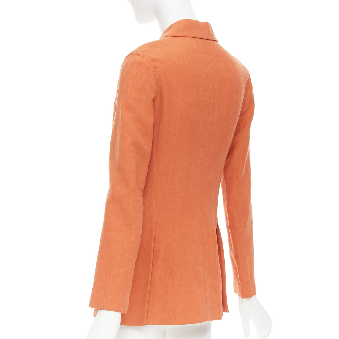 HERMES orange 100% linen logo buttons dual button blazer jacket FR34 XS
