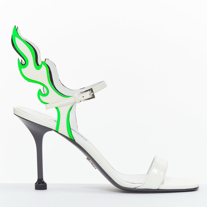 PRADA 2018 Hot Flame Acid Fire white green patent leather mid heel sandal EU37