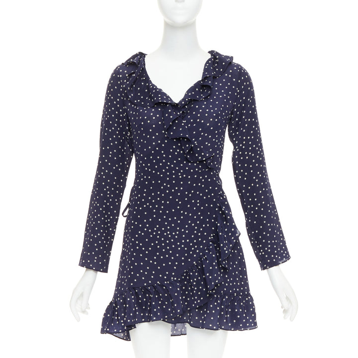 REALISATION Alexandra 100% silk navy white star print wrap tie mini dress S