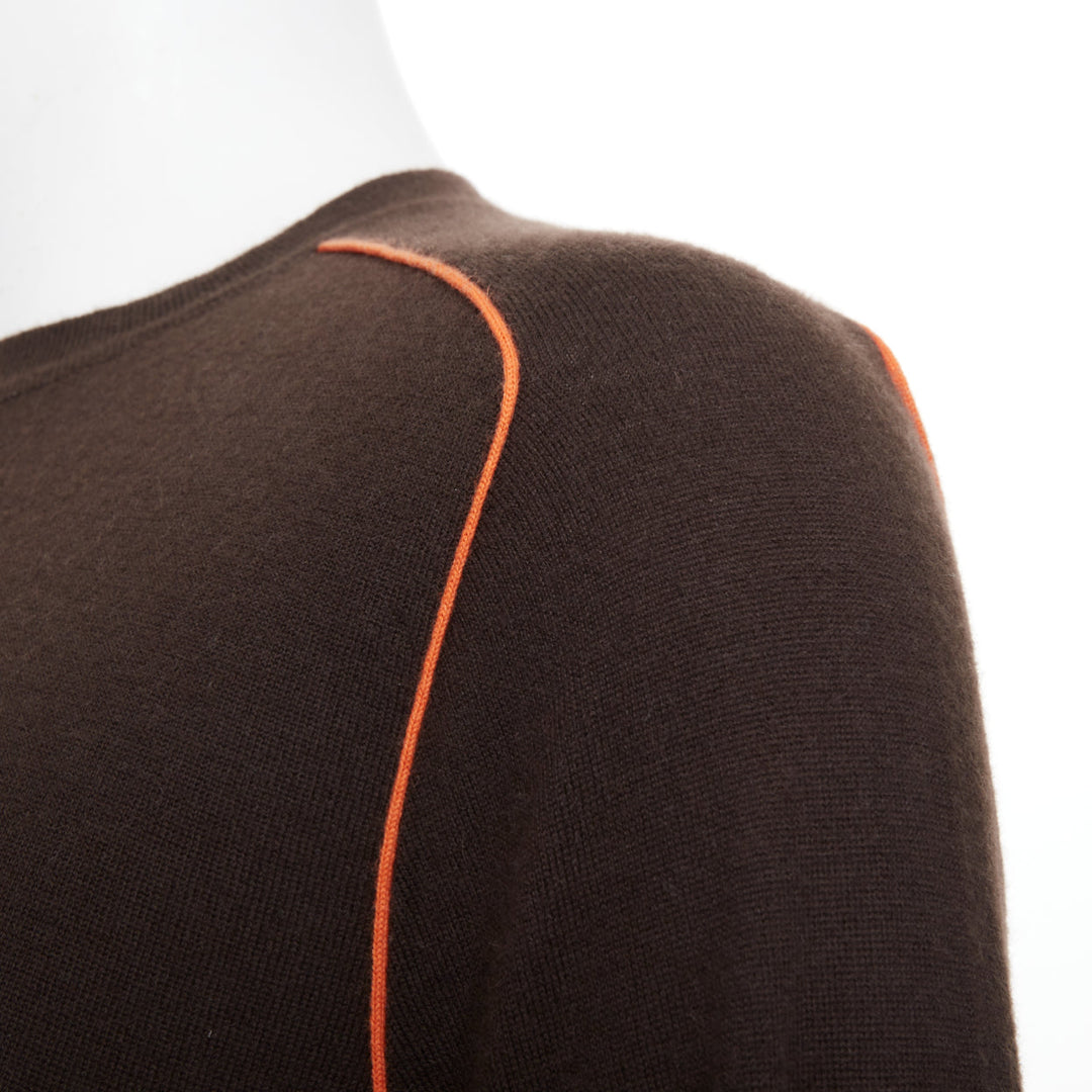 HERMES Vintage 100% cashmere brown contrast orange piping knit crew sweater M