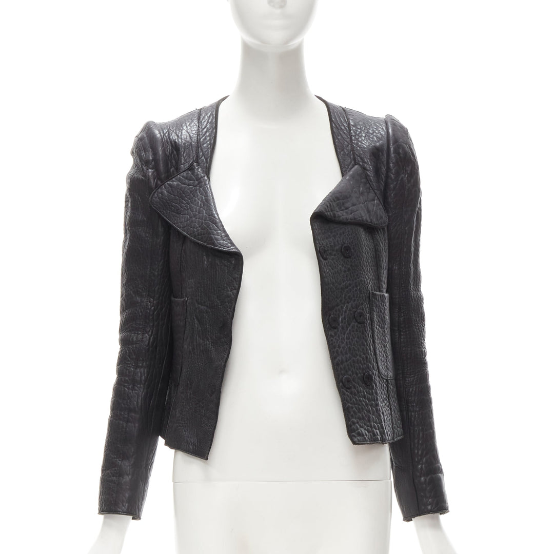 CARVEN black textured leather padded shoulder double breasted blazer IT38 XS