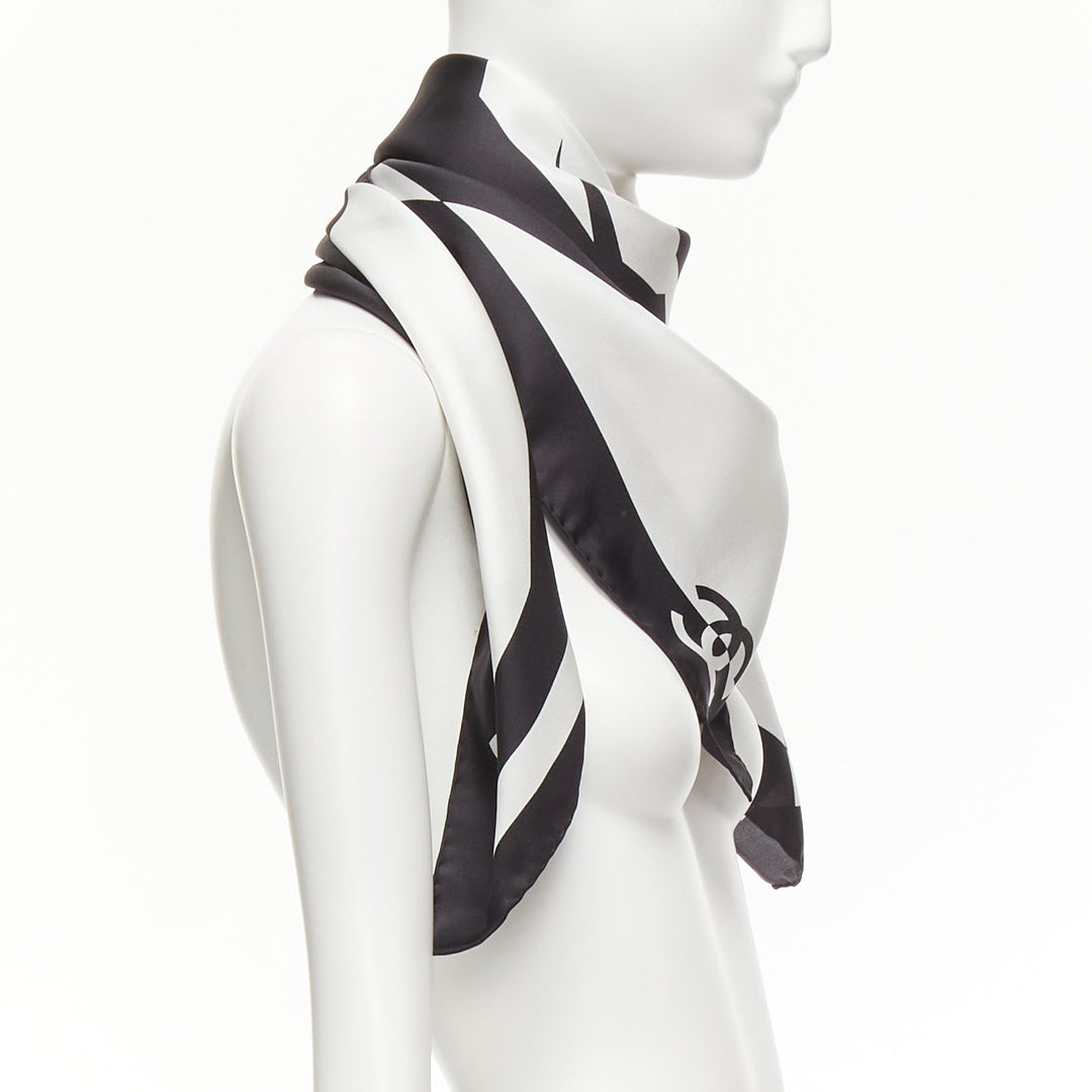 CHANEL 100% silk black white bold CC logo abstract graphic big square scarf