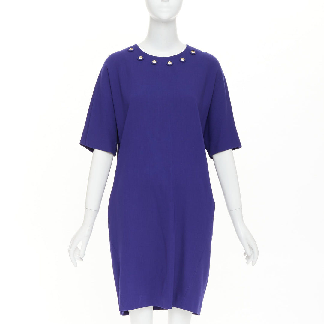 ESCADA bluebell cobalt wool crepe dual pocket eyelet shift dress FR40 L