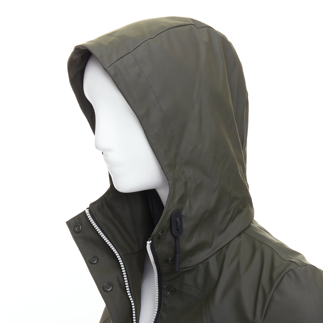 HUNTER Original dark olive green rubberized white zip rain jacket XXS